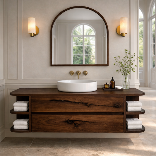 Floating Bathroom Vanity with Curved Open Shelves – Handcrafted Solid Wood Design Kitchnce