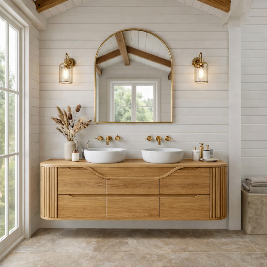 Handcrafted Floating Bathroom Vanity with Curved & Fluted Drawers – Elegant Wooden Design Kitchnce