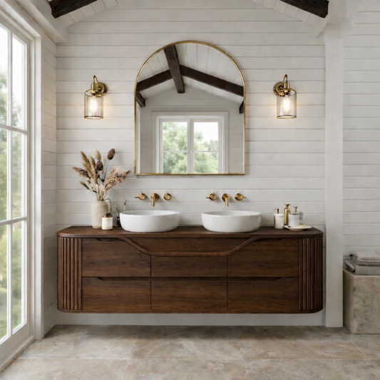 Handcrafted Floating Bathroom Vanity with Curved & Fluted Drawers – Elegant Wooden Design Kitchnce