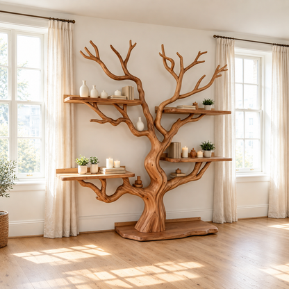 Handcrafted Solid Wood Tree Bookshelf Freestanding Branch Display Shelf