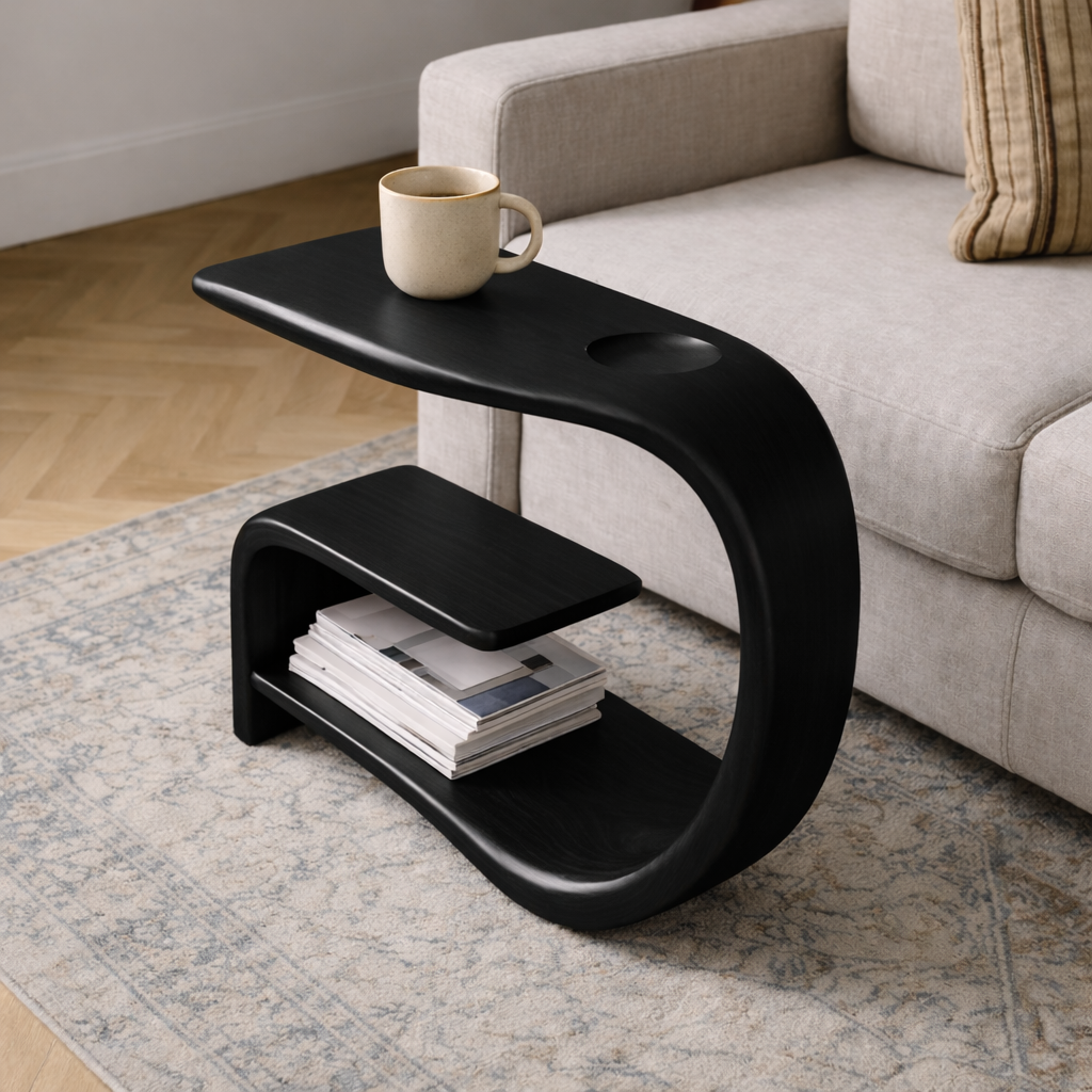 Solid Wood Sofa Armrest Table with Cup Holder and Storage Shelf Side Table