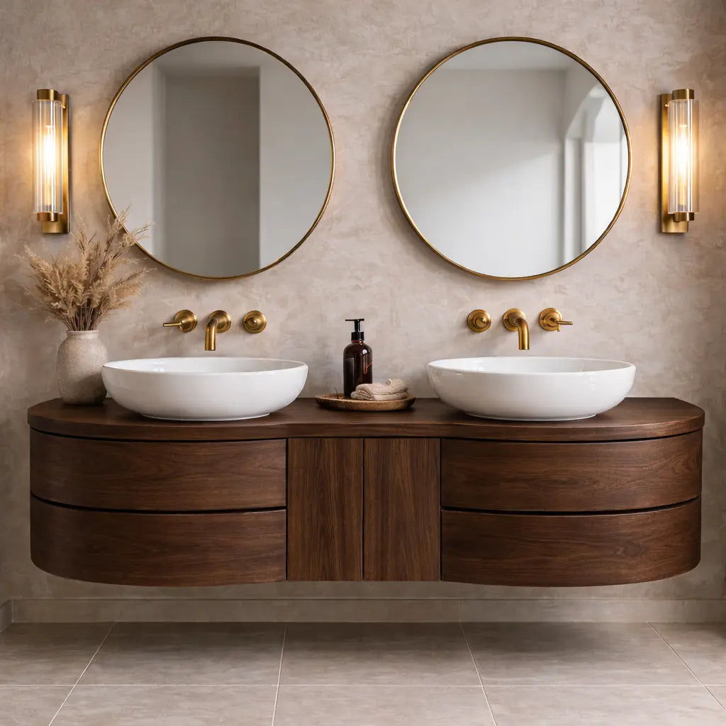 Floating Bathroom Vanity with Curved Ends Double Drawers and Center Cabinet Storage Kitchnce