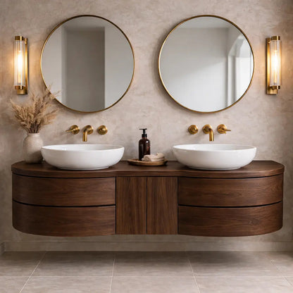 Floating Bathroom Vanity with Curved Ends Double Drawers and Center Cabinet Storage Kitchnce