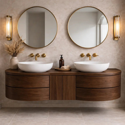Floating Bathroom Vanity with Curved Ends Double Drawers and Center Cabinet Storage Kitchnce
