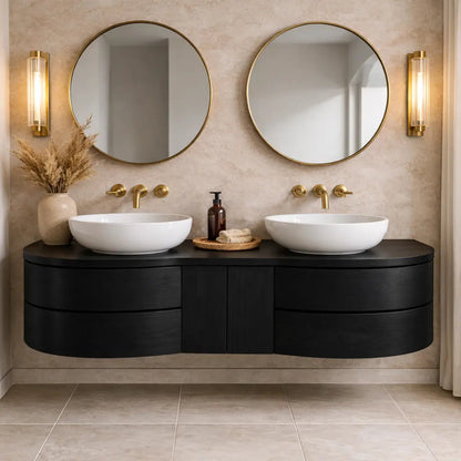 Floating Bathroom Vanity with Curved Ends Double Drawers and Center Cabinet Storage Kitchnce