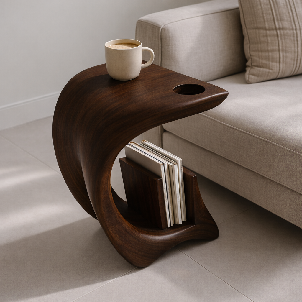 Solid Wood Sofa Armrest Table with Cup Holder and Magazine Holder Side Table