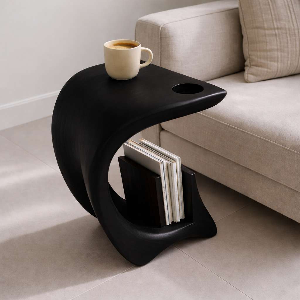 Solid Wood Sofa Armrest Table with Cup Holder and Magazine Holder Side Table