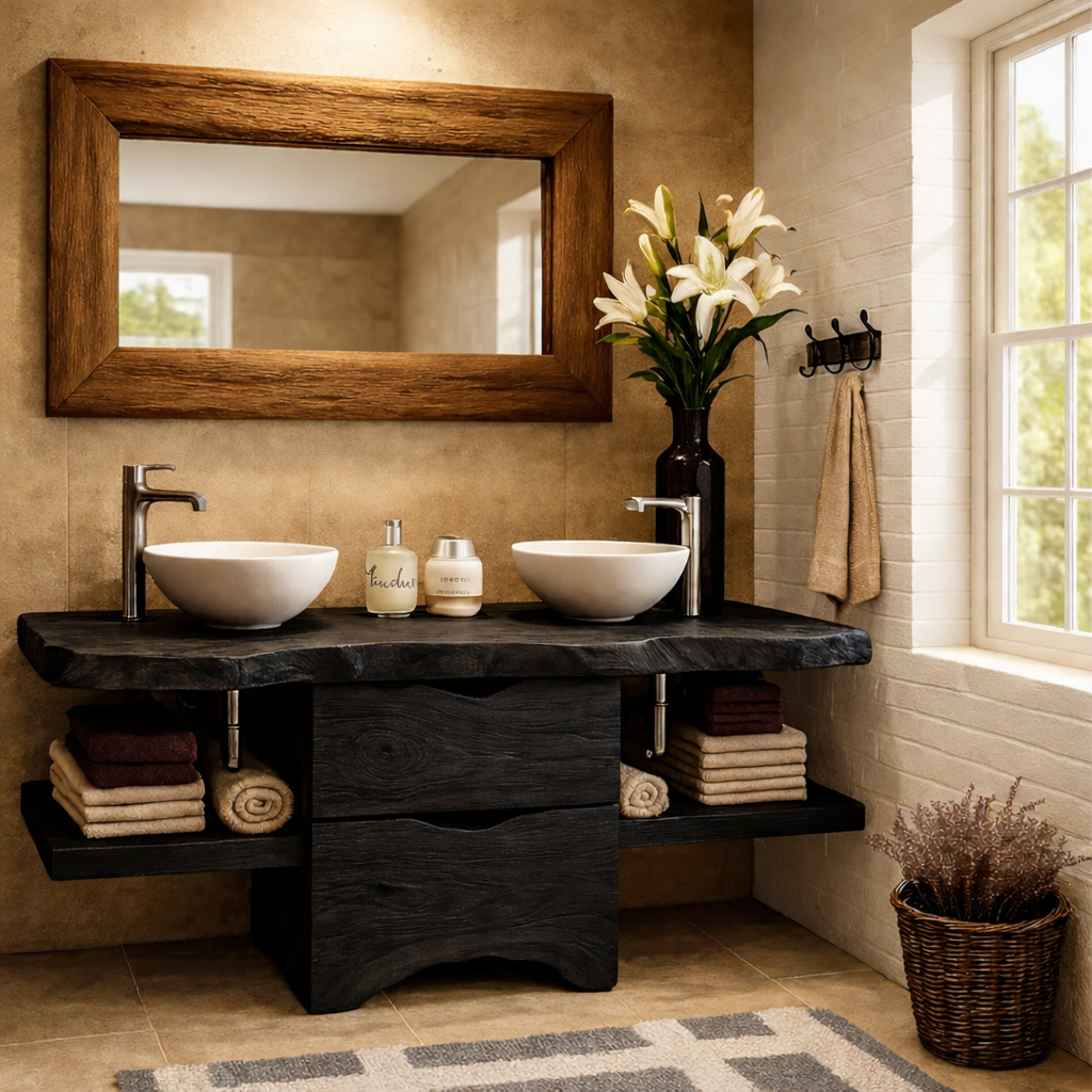 Live Edge Solid Wood Bathroom Vanity with Drawers & Open Shelf