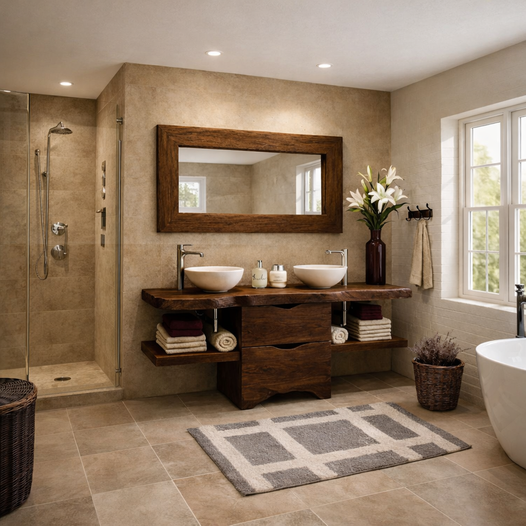 Live Edge Solid Wood Bathroom Vanity with Drawers & Open Shelf