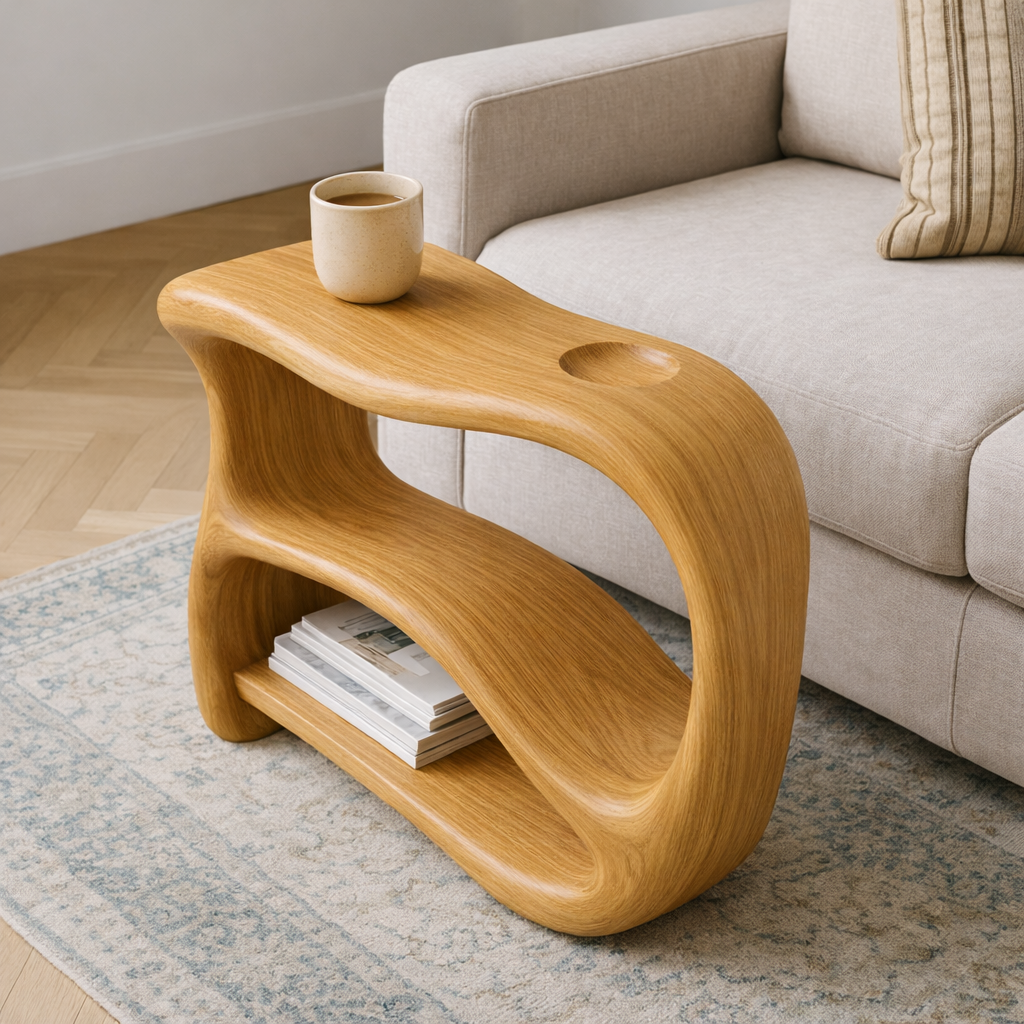 Solid Wood Sofa Armrest Table with Cup Holder and Storage Shelf for Couch Side