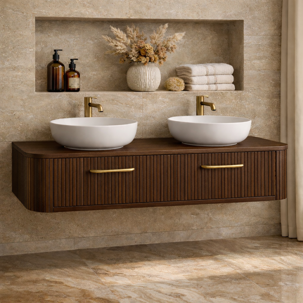 Modern Floating Bathroom Vanity with Storage – Handcrafted Wooden Design with Fluted Drawers Kitchnce