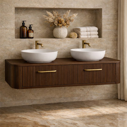 Modern Floating Bathroom Vanity with Storage – Handcrafted Wooden Design with Fluted Drawers Kitchnce