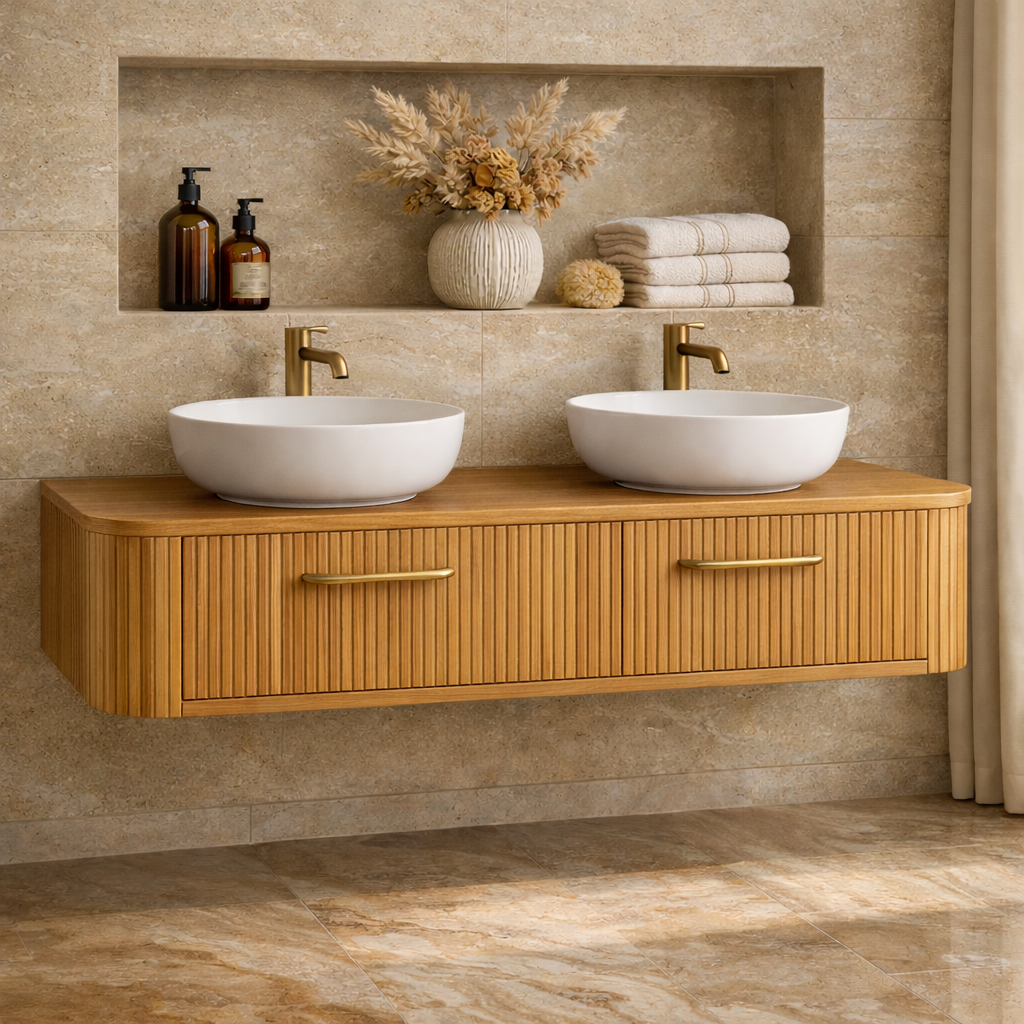Modern Floating Bathroom Vanity with Storage – Handcrafted Wooden Design with Fluted Drawers Kitchnce