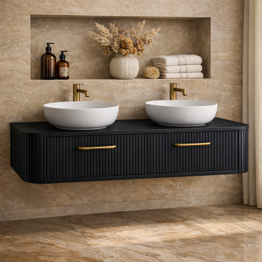 Modern Floating Bathroom Vanity with Storage – Handcrafted Wooden Design with Fluted Drawers Kitchnce