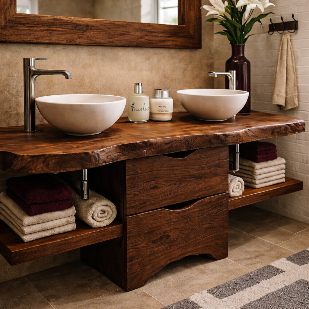 Live Edge Solid Wood Bathroom Vanity with Drawers & Open Shelf
