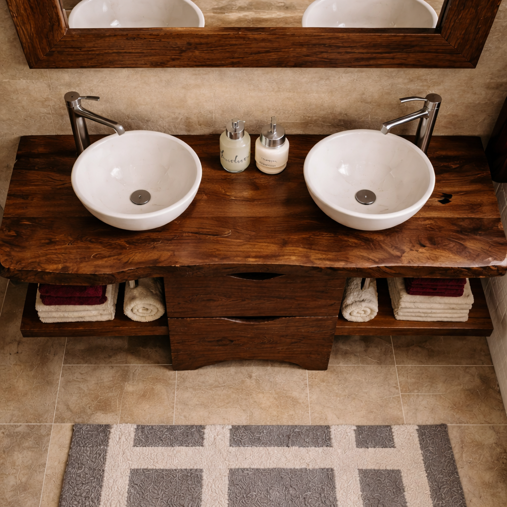Live Edge Solid Wood Bathroom Vanity with Drawers & Open Shelf