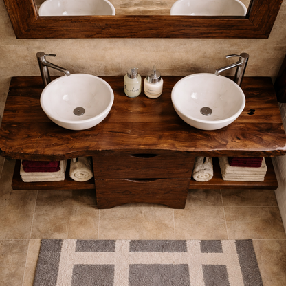Live Edge Solid Wood Bathroom Vanity with Drawers & Open Shelf