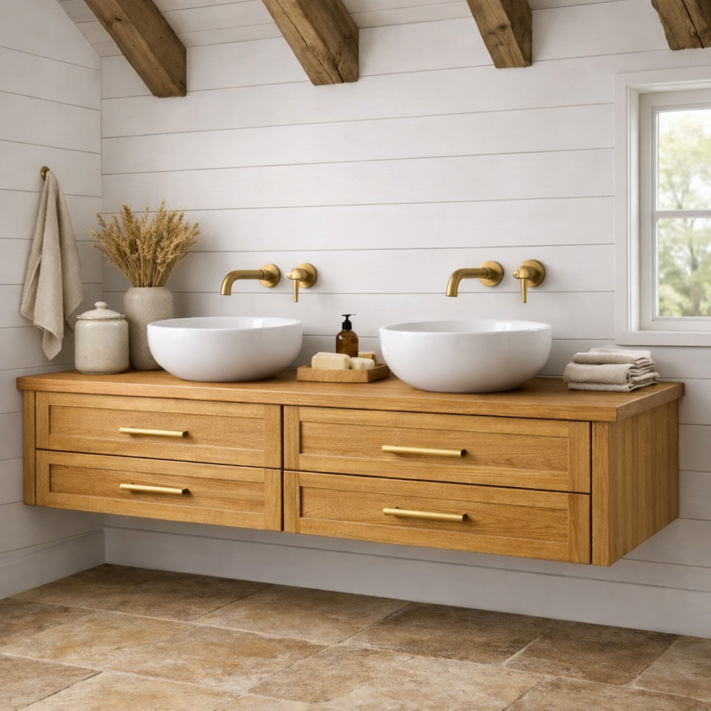Handcrafted Solid Wood Floating Bathroom Vanity with Storage – Modern Wooden Design Kitchnce