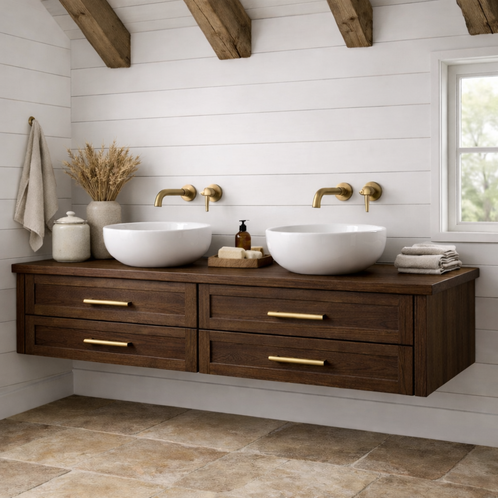 Handcrafted Solid Wood Floating Bathroom Vanity with Storage – Modern Wooden Design Kitchnce