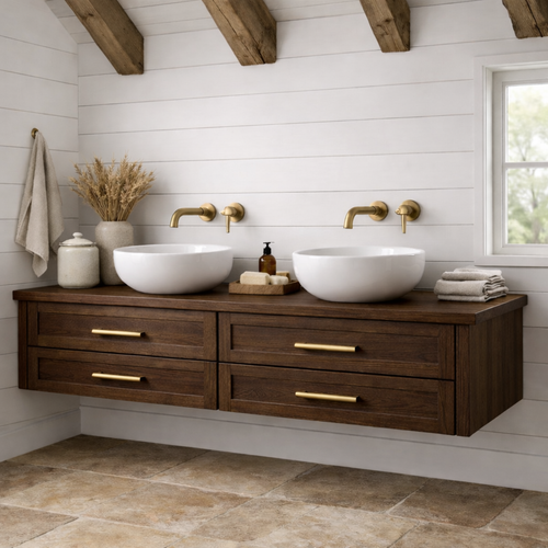 Handcrafted Solid Wood Floating Bathroom Vanity with Storage – Modern Wooden Design Kitchnce