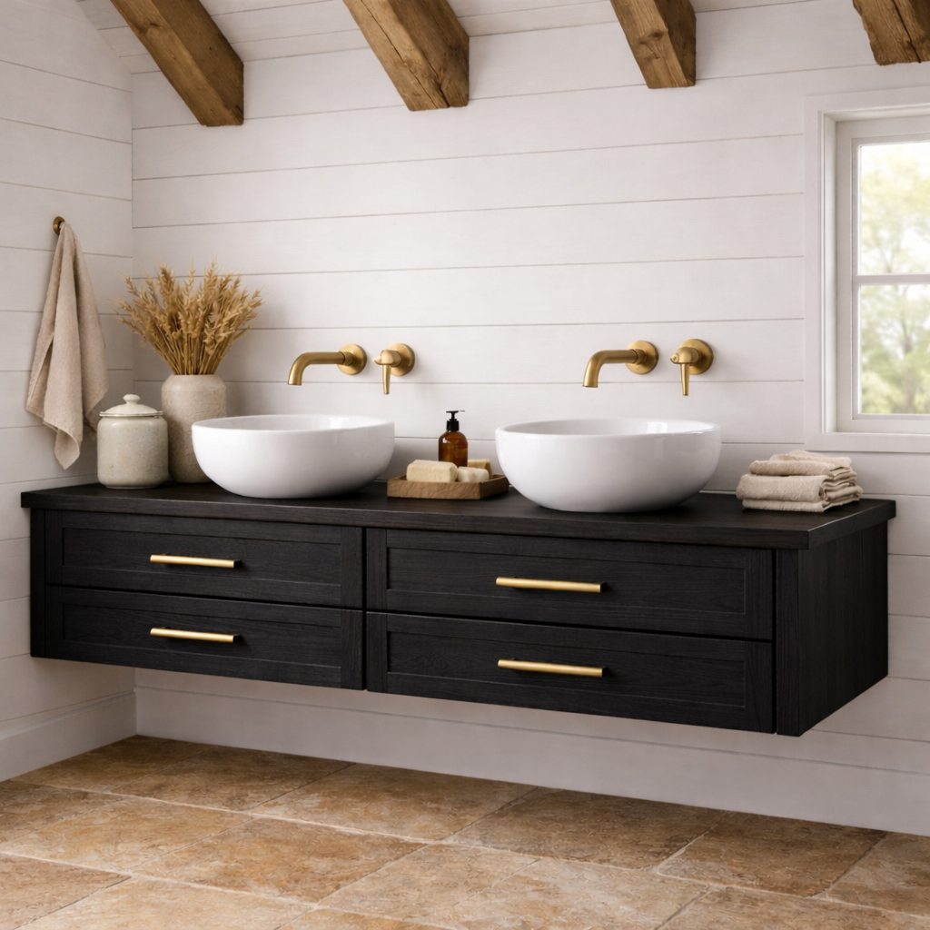 Handcrafted Solid Wood Floating Bathroom Vanity with Storage – Modern Wooden Design Kitchnce