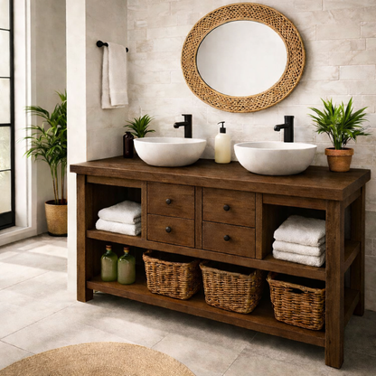 Solid Wood Double Bathroom Vanity with 4 Drawers & Open Shelves