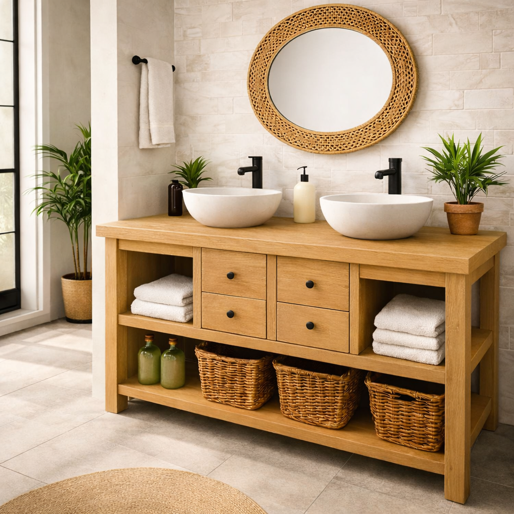 Solid Wood Double Bathroom Vanity with 4 Drawers & Open Shelves