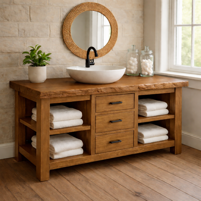 Live Edge Solid Wood Bathroom Vanity with 3 Drawers & Open Shelves
