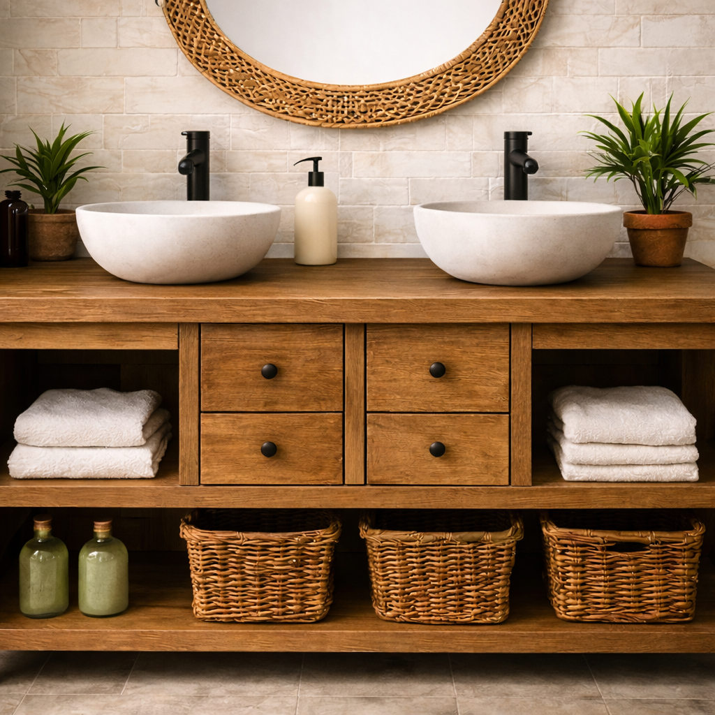 Solid Wood Double Bathroom Vanity with 4 Drawers & Open Shelves