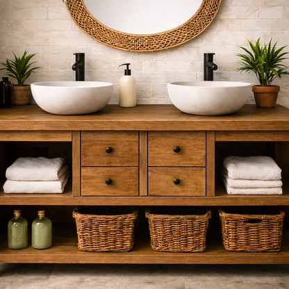 Solid Wood Double Bathroom Vanity with 4 Drawers & Open Shelves
