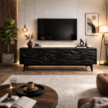 Solid Wood Modern TV Stand with Wave Carved Doors – Low Profile Media Console