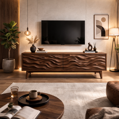 Solid Wood Modern TV Stand with Wave Carved Doors – Low Profile Media Console