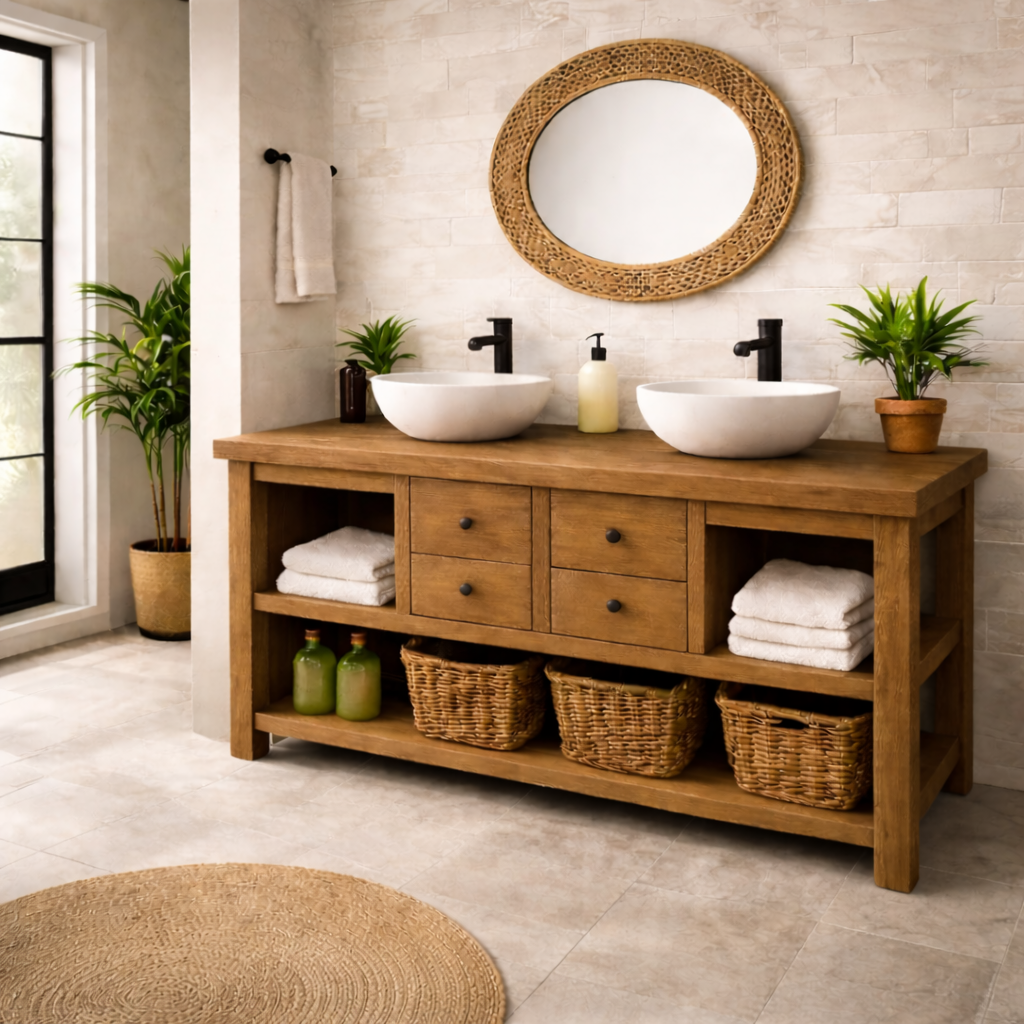 Solid Wood Double Bathroom Vanity with 4 Drawers & Open Shelves