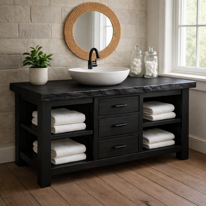 Live Edge Solid Wood Bathroom Vanity with 3 Drawers & Open Shelves