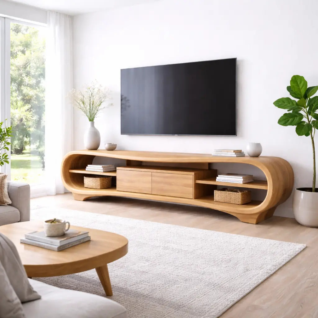 Solid Wood TV Stand with Curved Frame, Open Shelves and Center Drawer Cabinet Kitchnce
