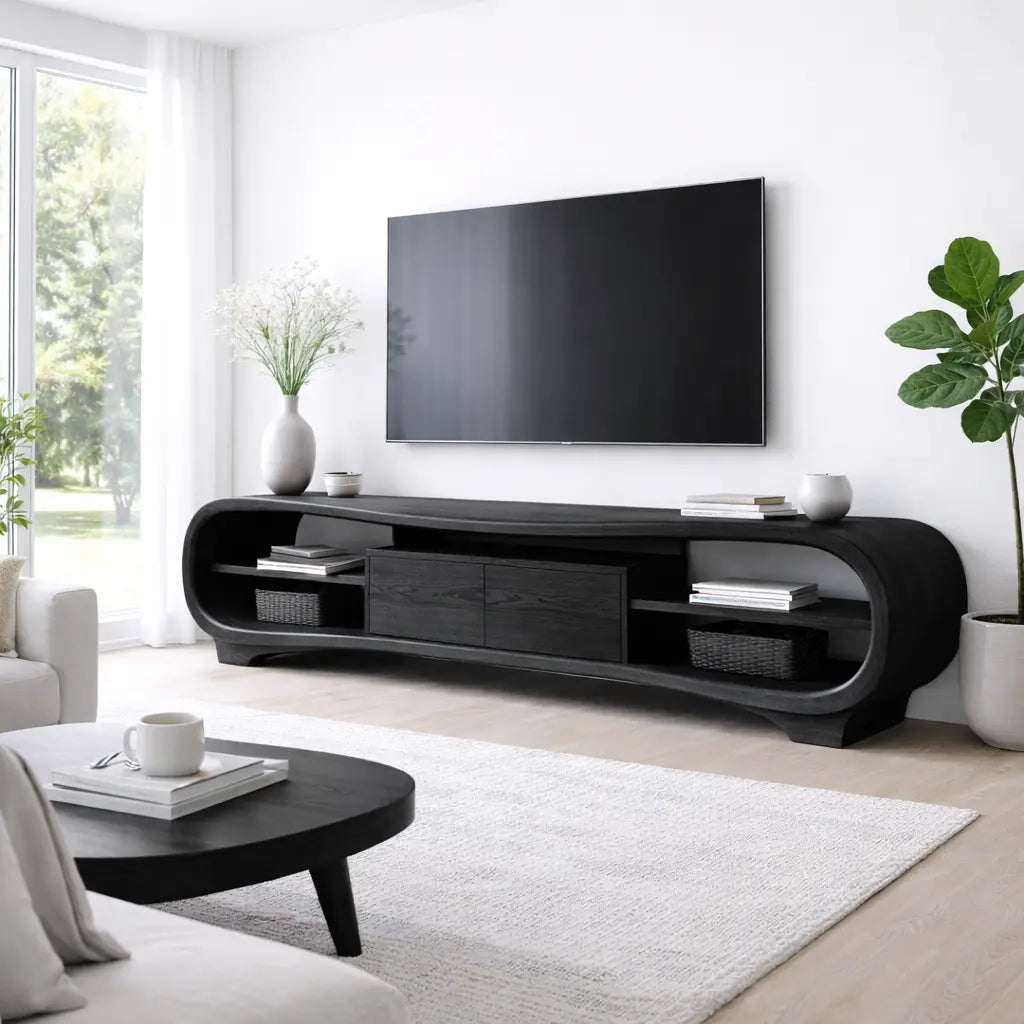 Solid Wood TV Stand with Curved Frame, Open Shelves and Center Drawer Cabinet Kitchnce