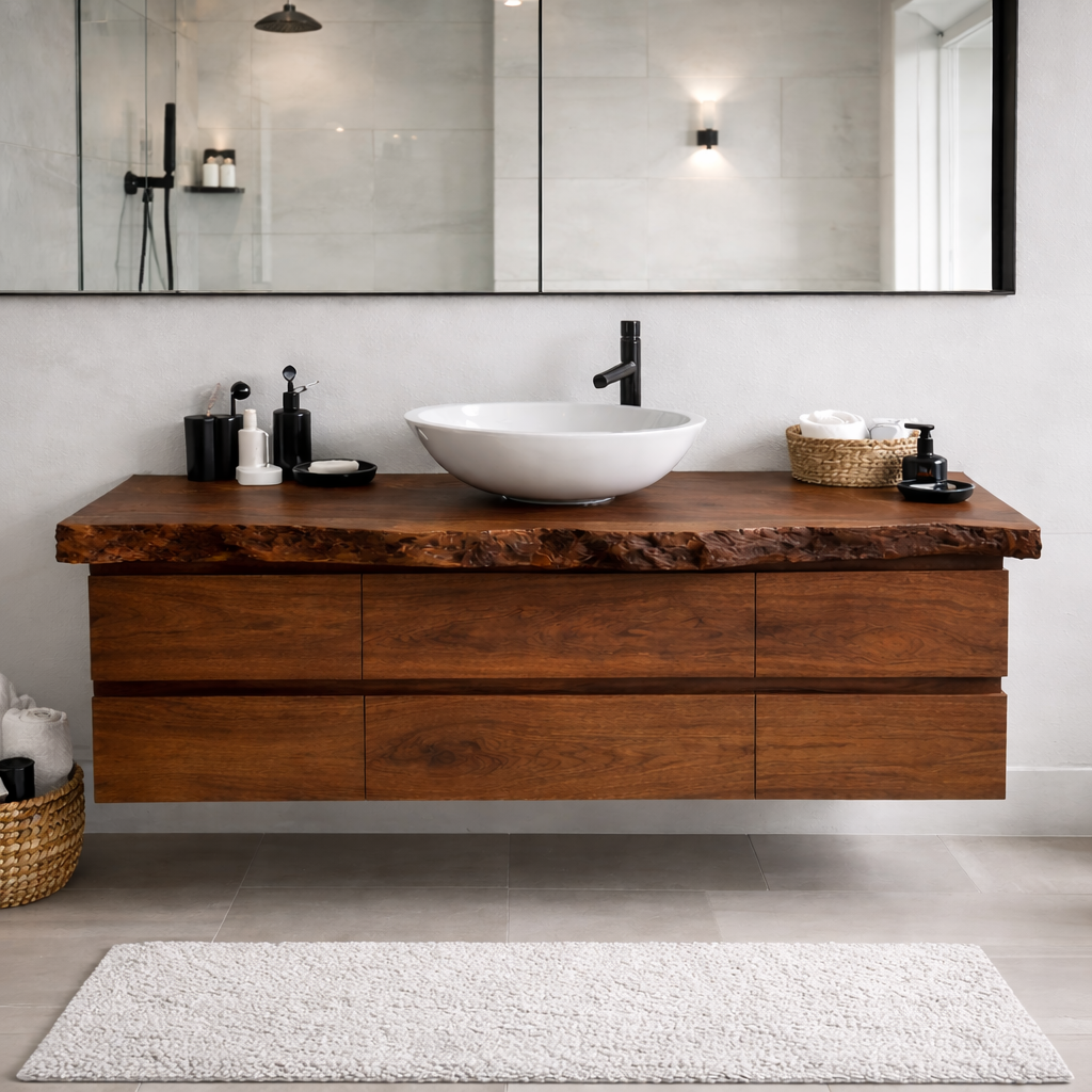Solid Wood Floating Bathroom Vanity with Live Edge Top – Modern Wall Mounted Cabinet