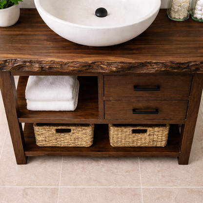 Live Edge Solid Wood Bathroom Vanity with 2 Drawers & Open Shelf