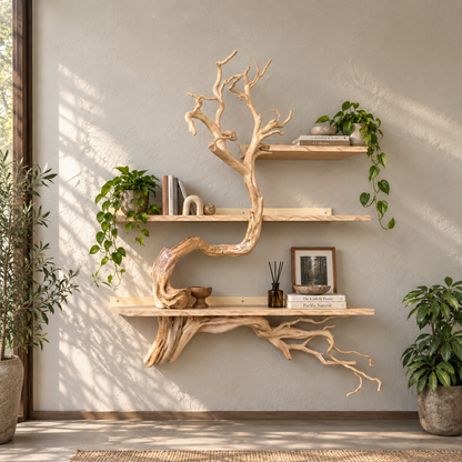 Sculptural Solid Wood Tree Branch Wall Shelf