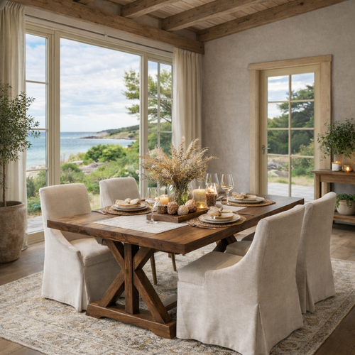 Coastal Rustic Solid Wood Dining Table with X-Base