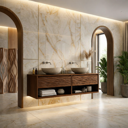 Floating Solid Wood Bathroom Vanity with Wave Front and Open Shelf Storage