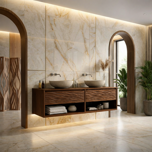 Floating Solid Wood Bathroom Vanity with Wave Front and Open Shelf Storage