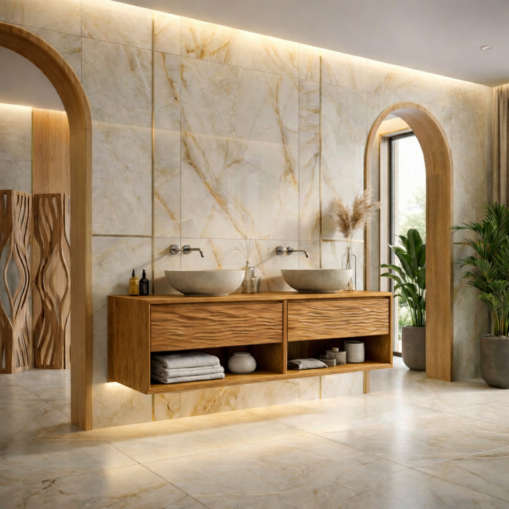 Floating Solid Wood Bathroom Vanity with Wave Front and Open Shelf Storage