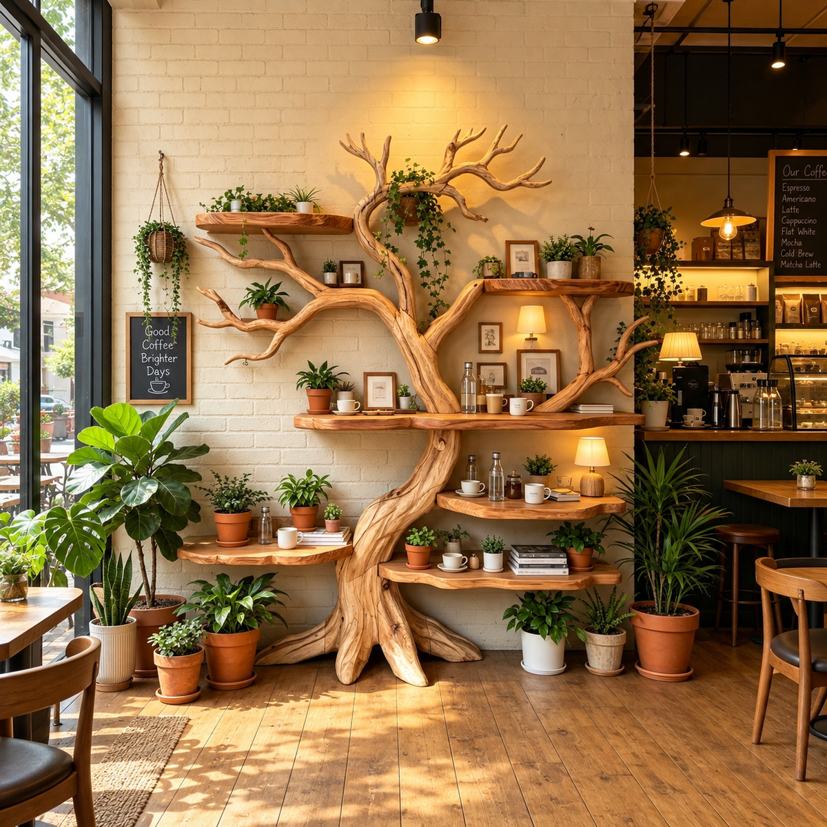 Handcrafted Solid Wood Tree Bookshelf with Natural Branch Shelves