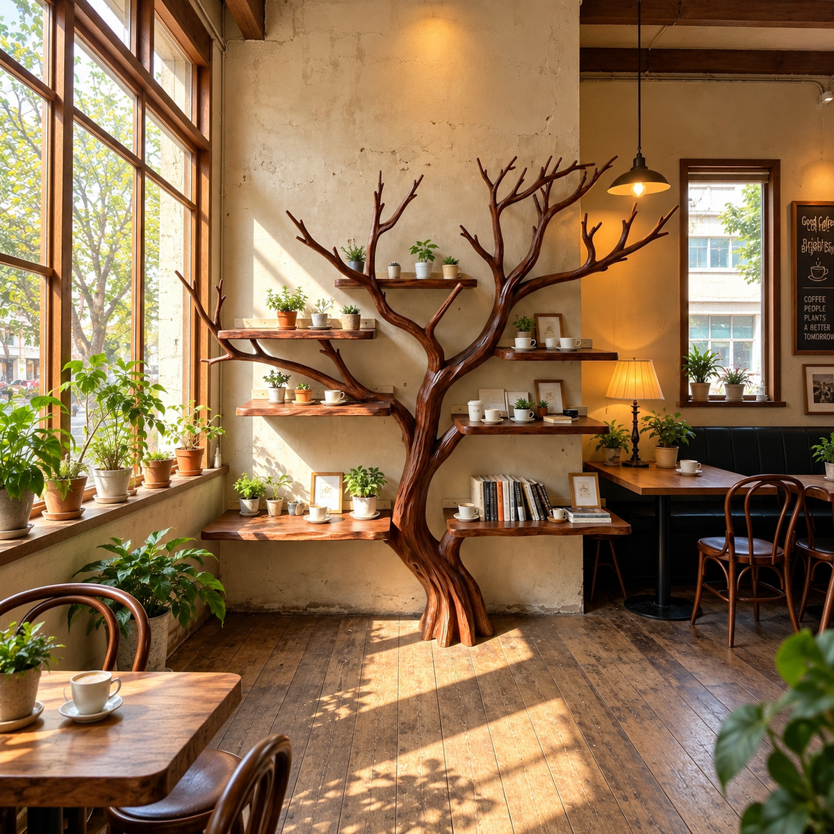 Handcrafted Solid Wood Tree Bookshelf with Spreading Branch Shelves