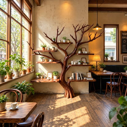 Handcrafted Solid Wood Tree Bookshelf with Spreading Branch Shelves