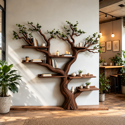 Handcrafted Solid Wood Tree Bookshelf with Leafy Branch Design