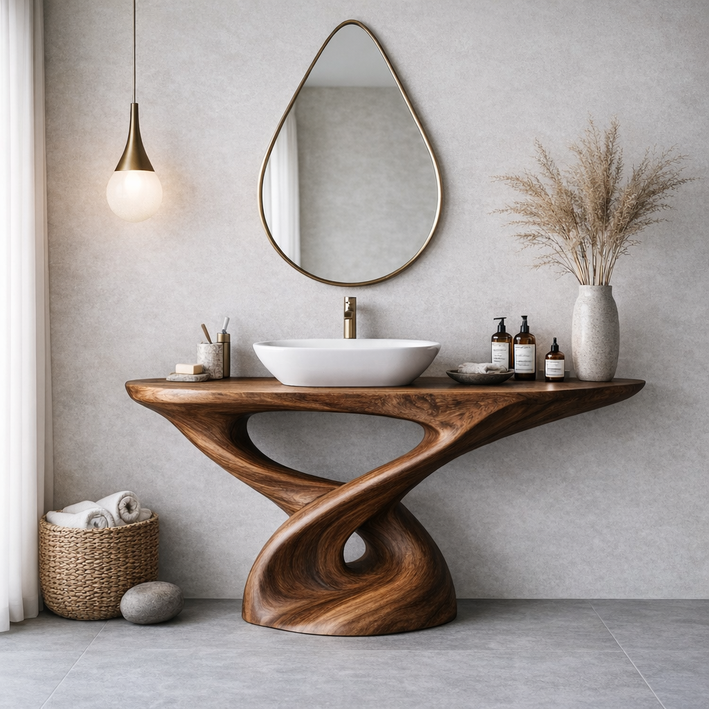 Solid Wood Sculptural Bathroom Vanity – Freestanding Modern Design