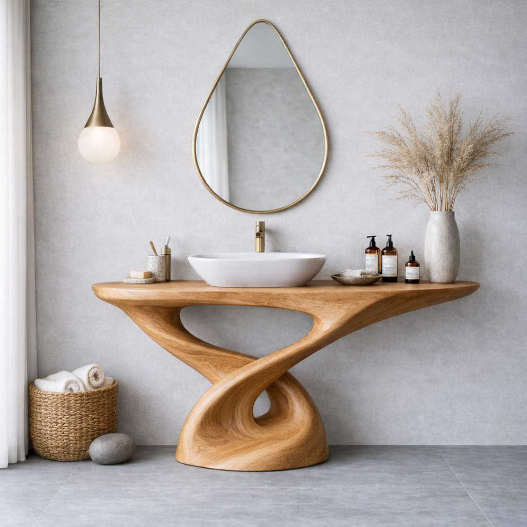 Solid Wood Sculptural Bathroom Vanity – Freestanding Modern Design
