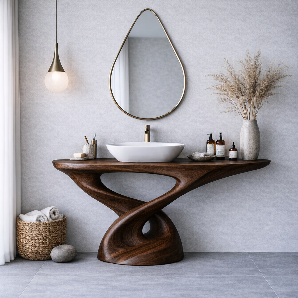 Solid Wood Sculptural Bathroom Vanity – Freestanding Modern Design